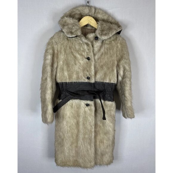 Vintage 70s Faux Fur Faux Leather Belted Hooded Coat Quilted Lining Women’s XS/S - Picture 1 of 9